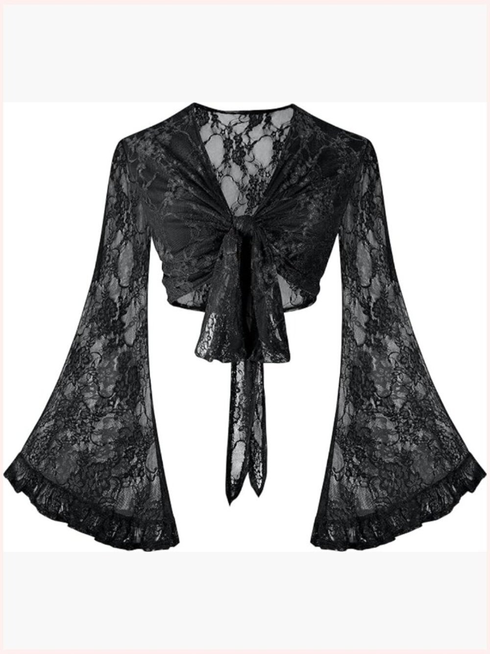 Flowy Lace Bell Sleeve Crop Top Boho Tie Front Blouse Rave Festival Hippie - Picture 1 of 7